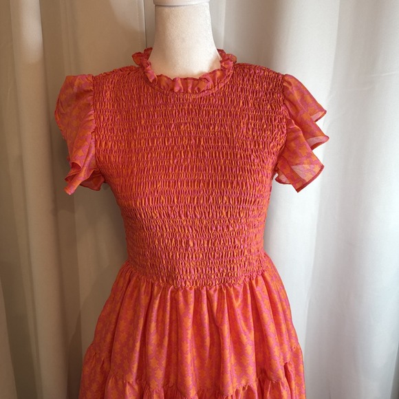 J. Marie Dress Women's Small Pink Coral Mini Tiered Ruffled Smocked Stars Party - Picture 2 of 9